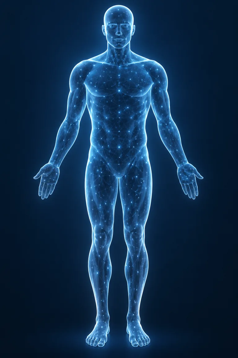 Conceptual translucent blue human figure with a glowing network of light